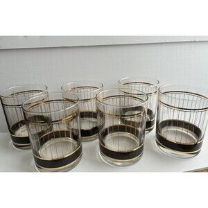 Set of 6 Vtg MCM Culver Devon Black 22k Lowball Whiskey Old Fashioned Glasses